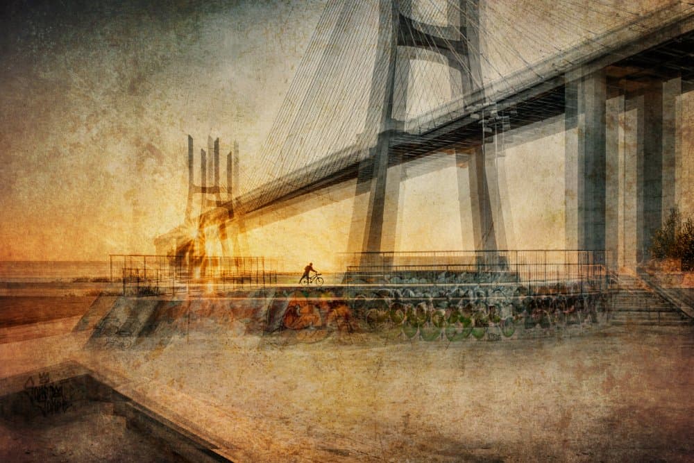 Golden Hour Bridge Ride by Vitor Martins — canvas wall art