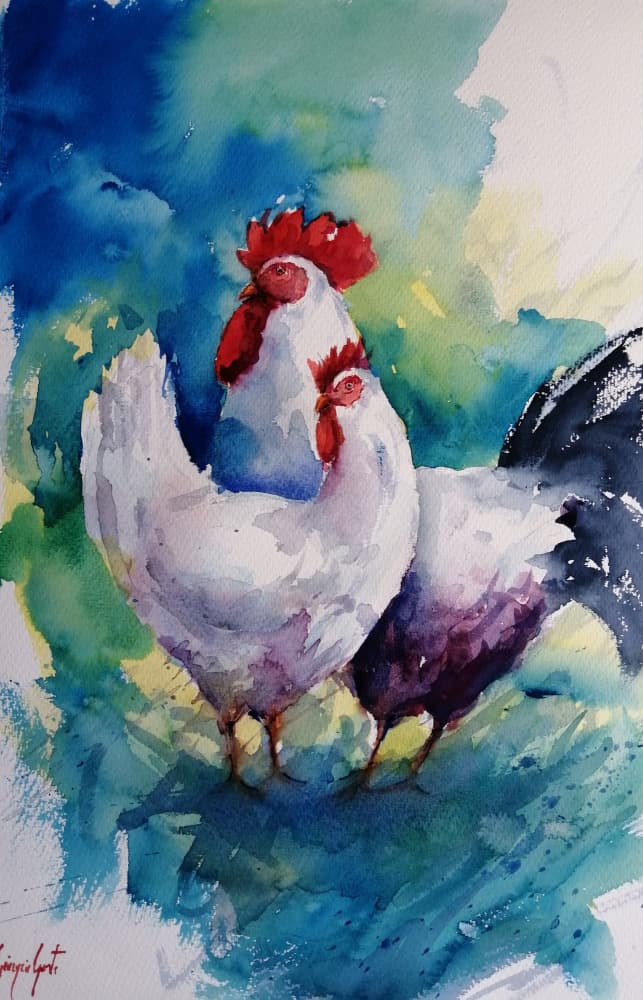 Colorful Rooster and Hen by Giorgio Gosti — canvas wall art