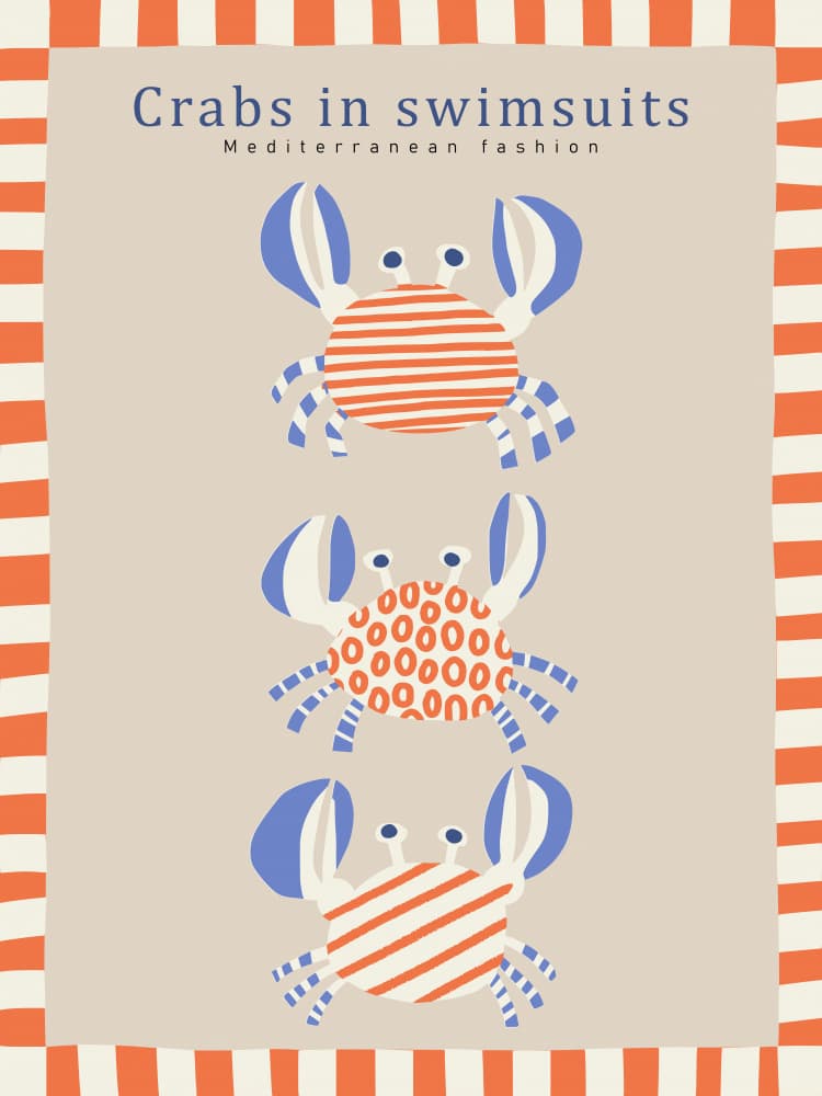 Cute Crabs In Swimsuits by Annick — canvas wall art