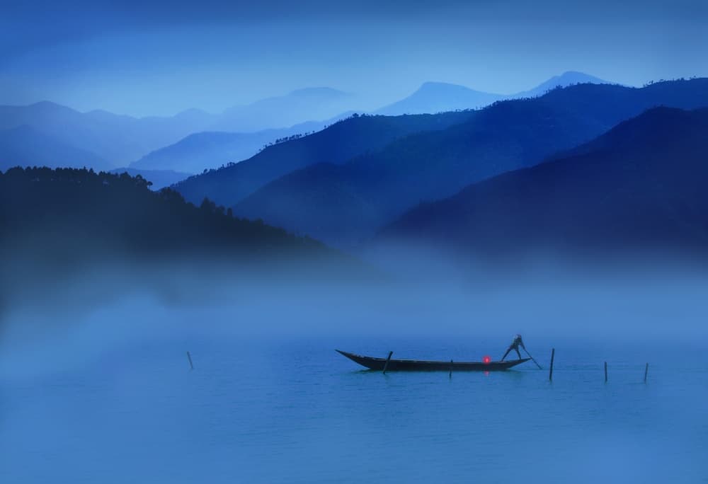 Serene Blue Mountain Lake by Swarnendu Ghosh — canvas wall art