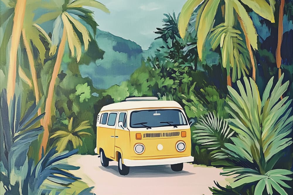 Yellow Van Tropical Adventure by Melloi Art Prints — canvas wall art
