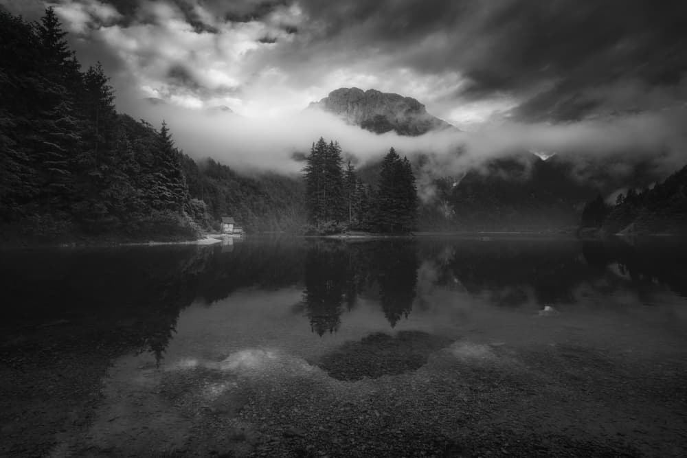 Misty Mountain Lake Reflection by Thomas de Franzoni — canvas wall art