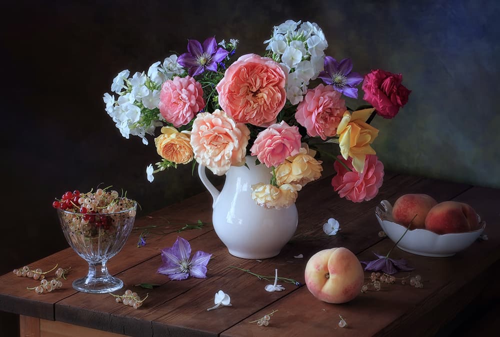 Floral Still Life with Peaches by Tatyana Skorokhod — canvas wall art