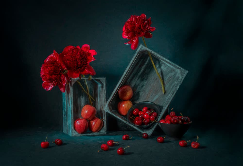 Red Peonies and Cherries by Lydia Jacobs — canvas wall art
