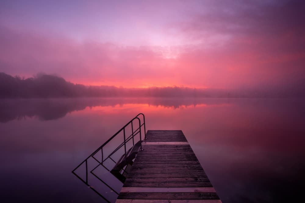 Pink Lake Dock Dawn by Norbert Maier — canvas wall art