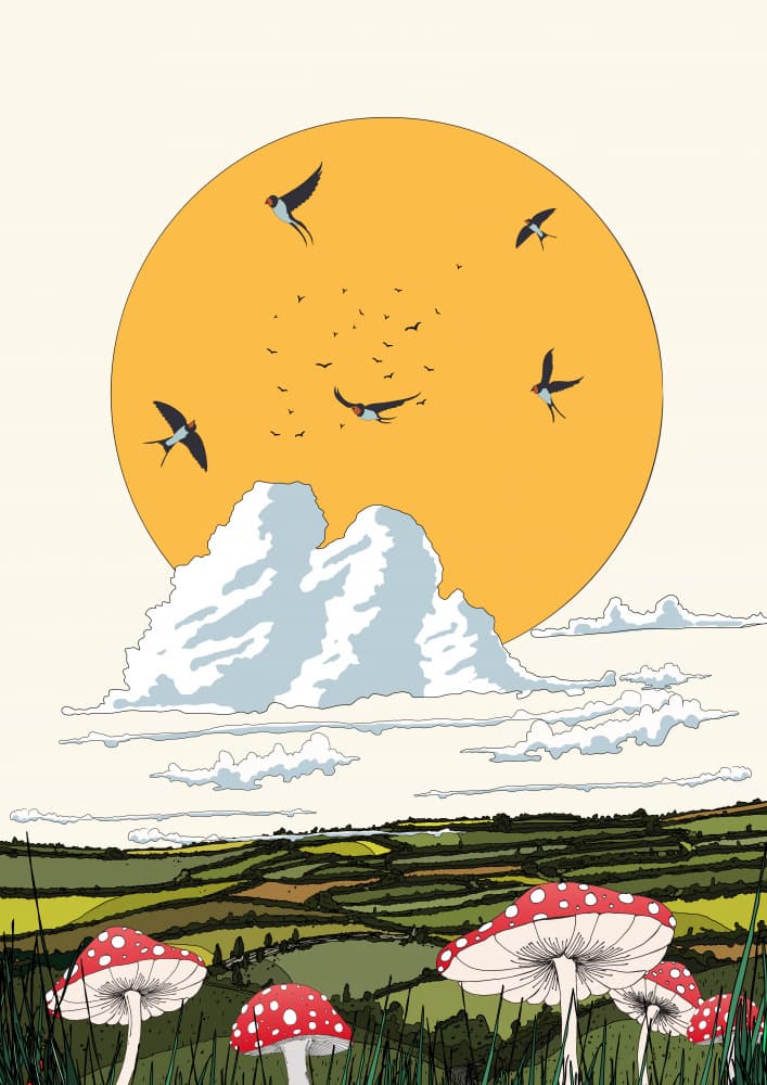 Mushroom Fields Flying Swallows by Nicholas — canvas wall art