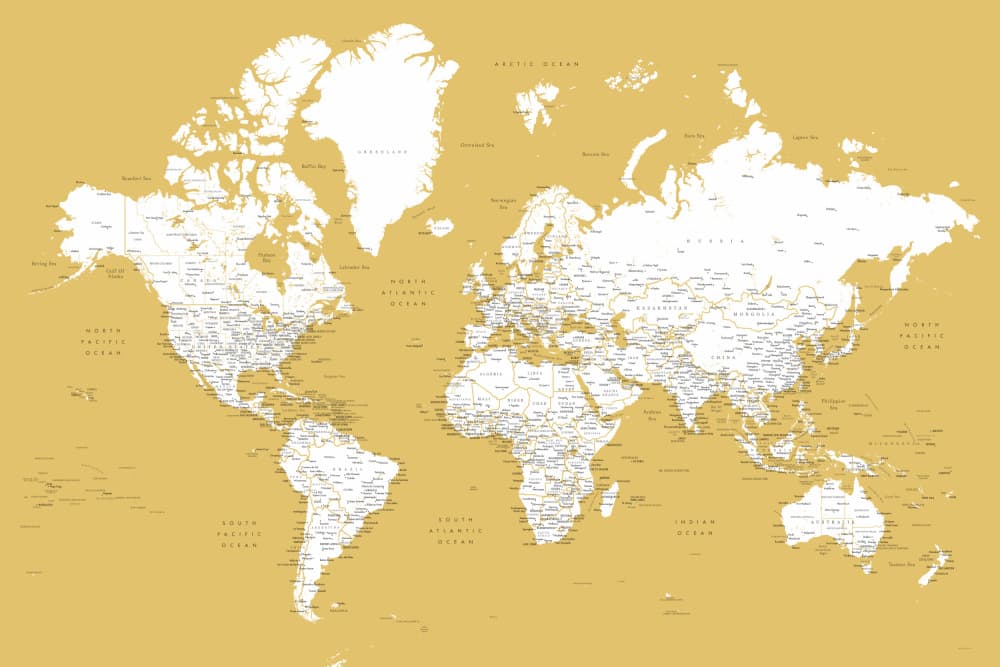 Gold and White World Map by Rosana Laiz Blursbyai — canvas wall art