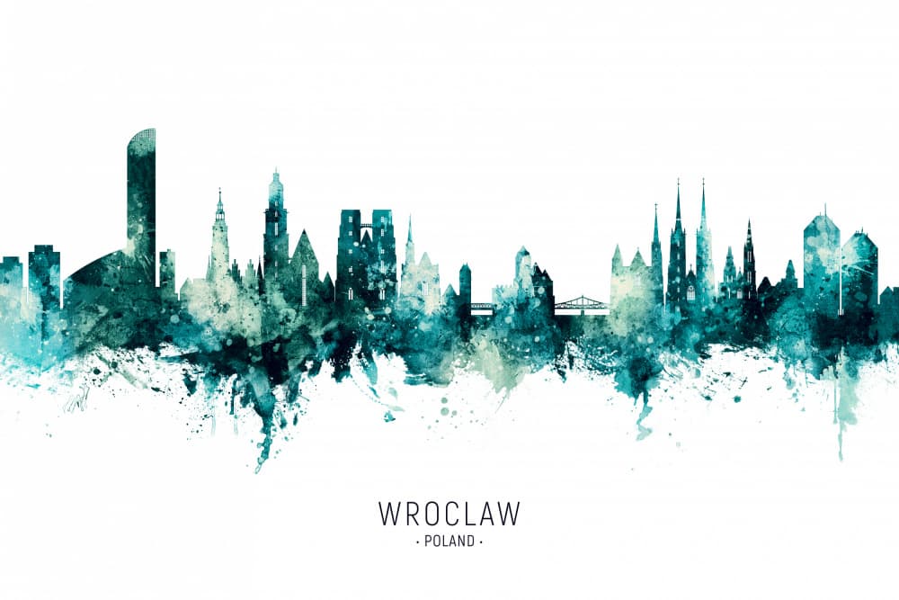 Wroclaw Teal Skyline by Michael Tompsett — canvas wall art
