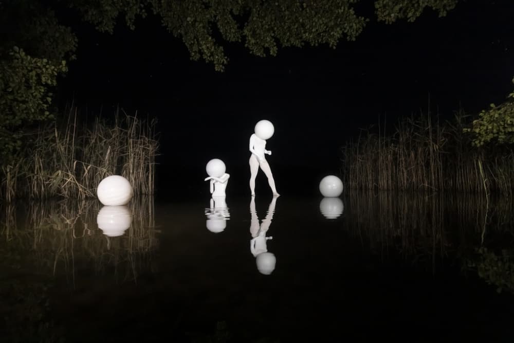 Glowing Figures Night Reflections by Leszek Paradowski — canvas wall art