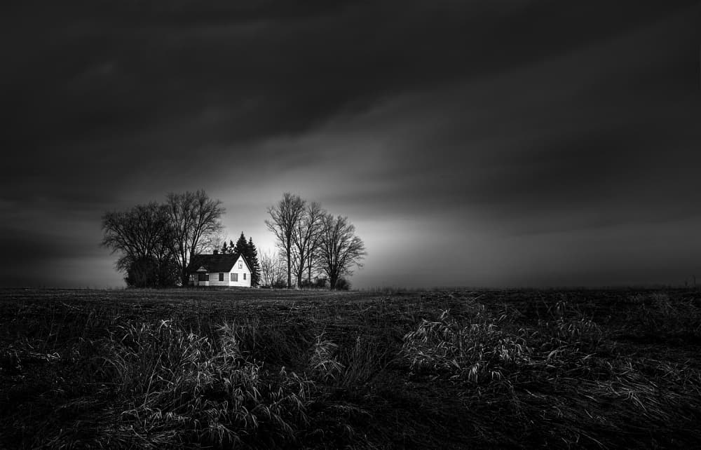 Moody Farmhouse Field by Leeian Dai — canvas wall art