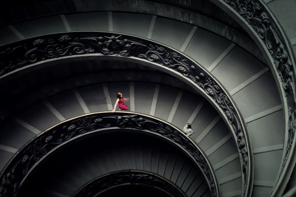 Elegant Woman Spiral Stairs by Lotte Grønkjær — canvas wall art