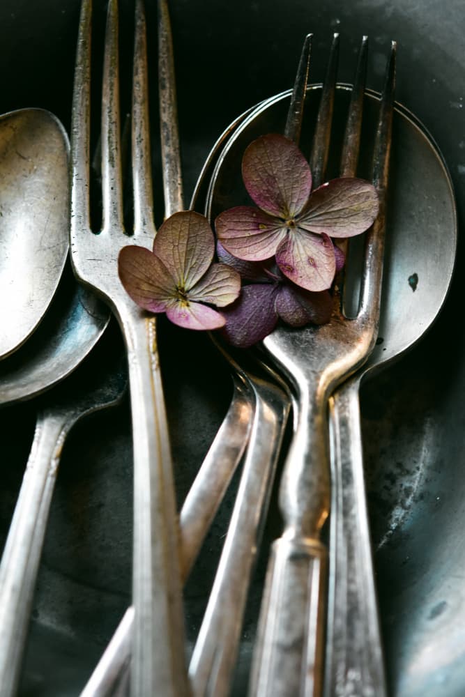 Moody Silverware and Petals by Olivia Joy StClaire — canvas wall art