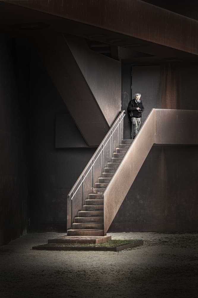 Solitary Figure Industrial Stairs by fotomarion — canvas wall art