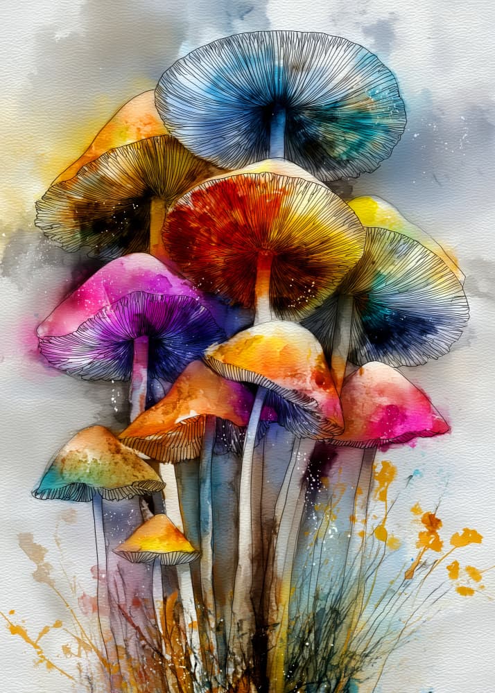 Colorful Watercolor Mushrooms by Justyna Jaszke — canvas wall art
