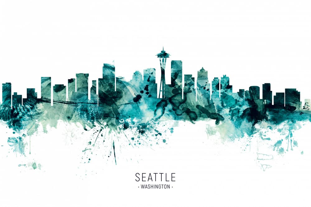 Seattle Watercolor Skyline by Michael Tompsett — canvas wall art