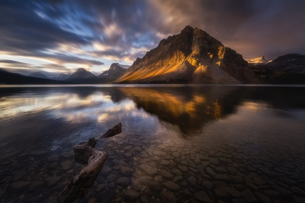 Golden Mountain Lake Reflection by Yongnan Li （李永男） — canvas wall art
