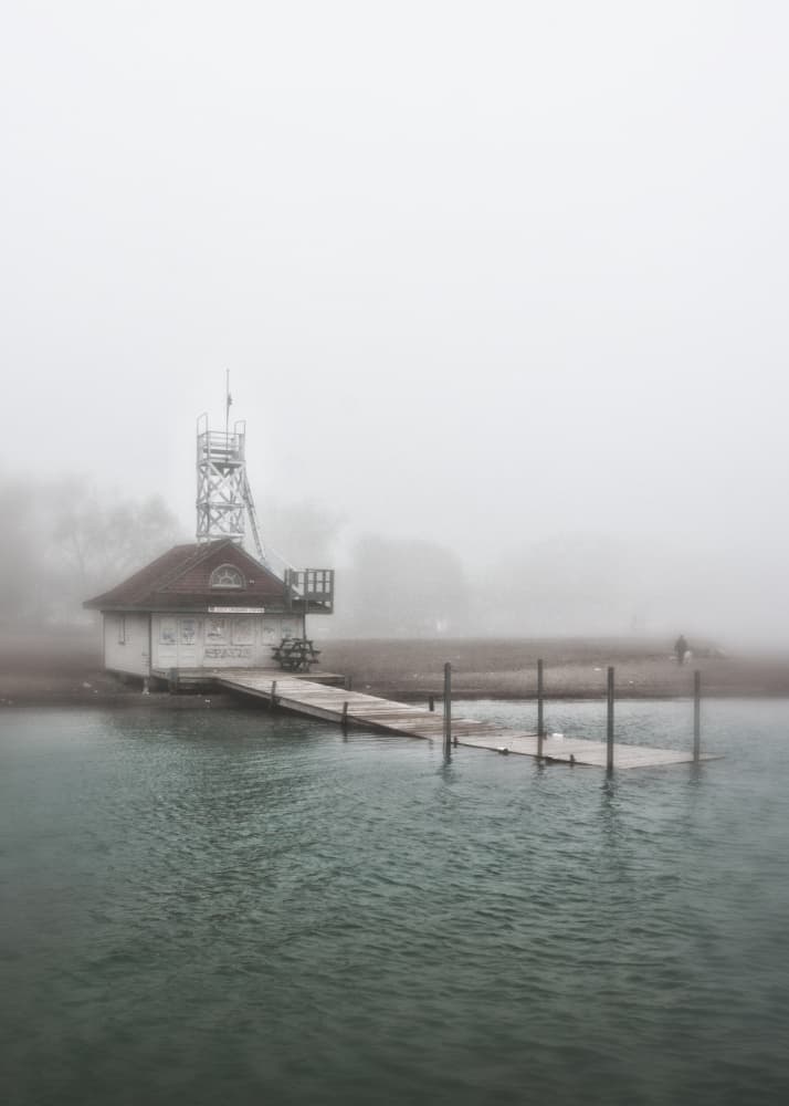 Misty Boathouse Dock by The Learning Curve Photography — canvas wall art