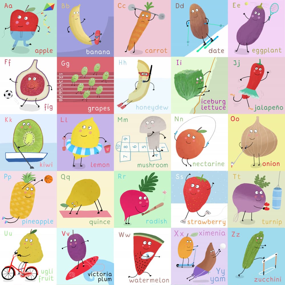 Playful Produce Alphabet by Carla Daly — canvas wall art
