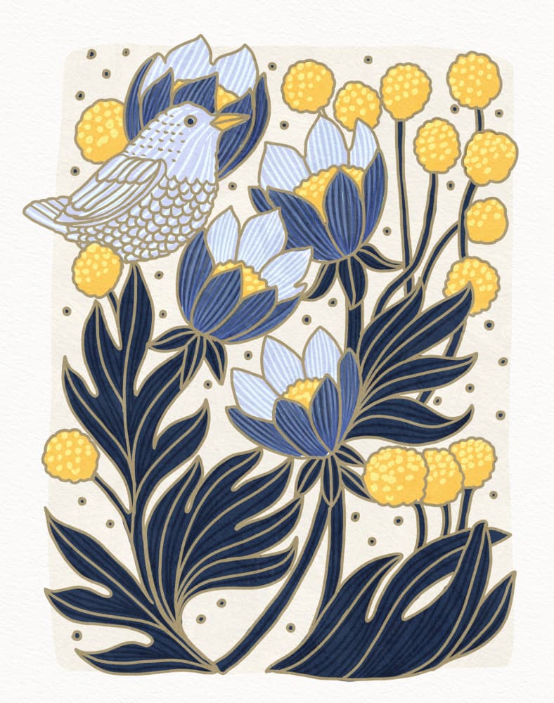 Birds and flowers by Katie O'Shea — canvas wall art