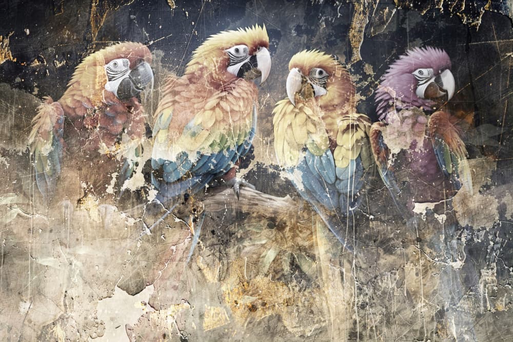 Colorful Grunge Macaws by Rafal Kulik — canvas wall art