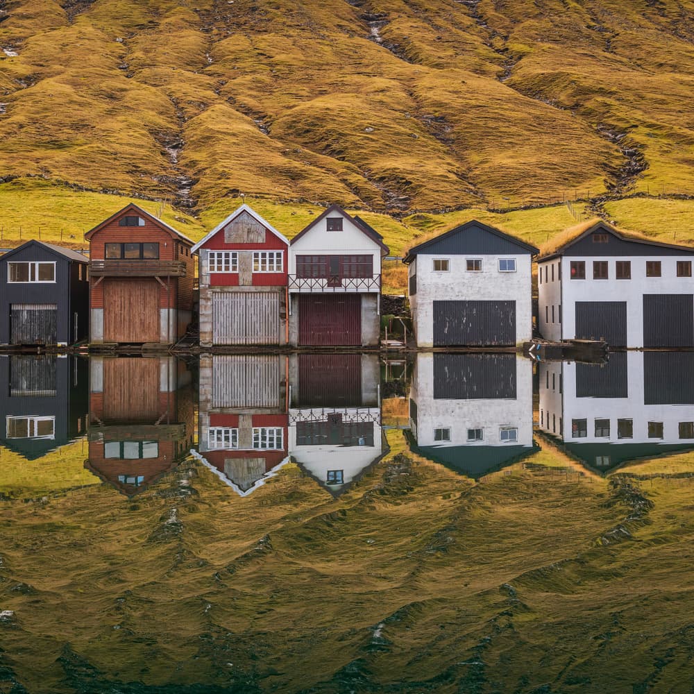 Colorful Boathouse Reflections by Carlos_Grury_Santos — canvas wall art