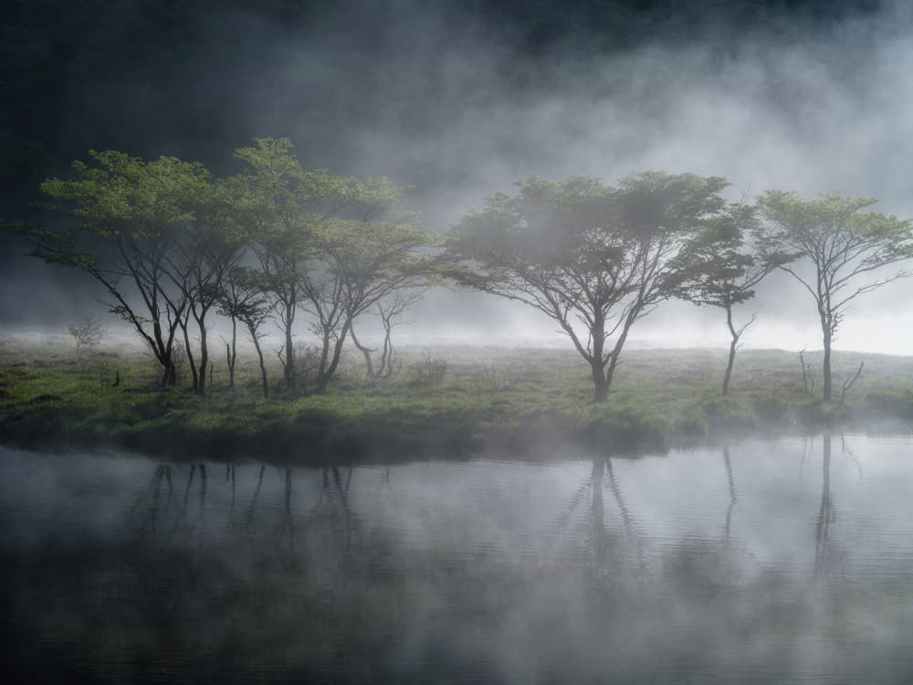 Misty Lake Reflections by K_Tsunoda — canvas wall art