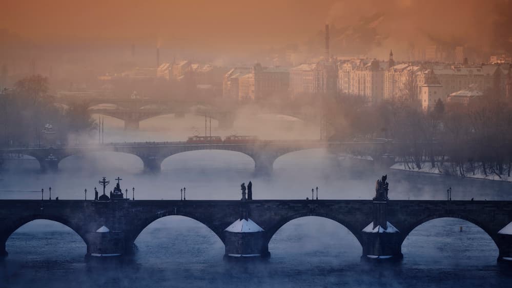 Misty Charles Bridge Dawn by Martin Froyda — canvas wall art