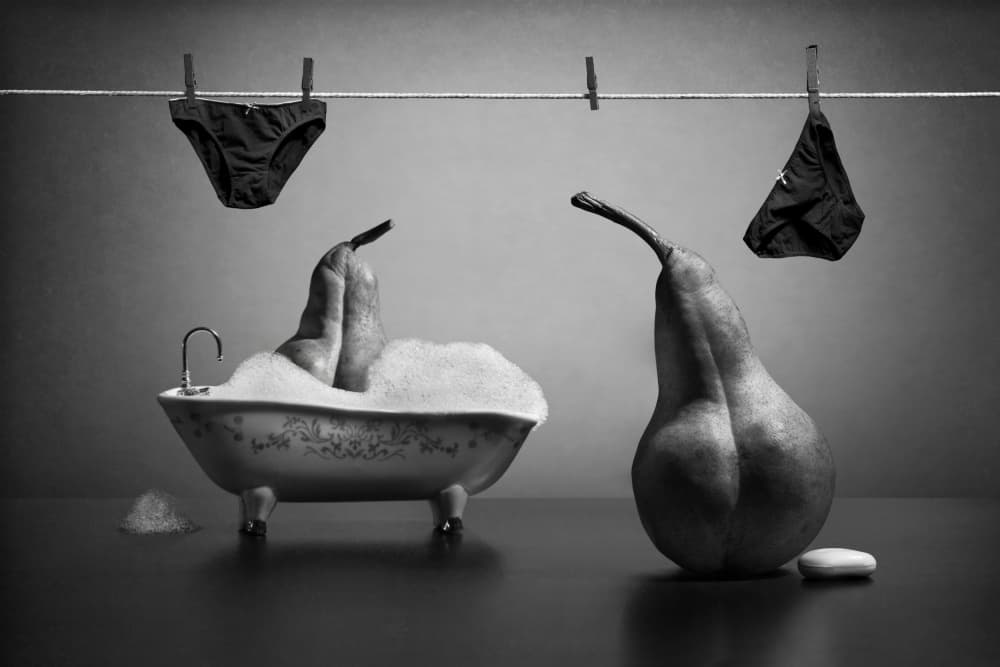 Whimsical Pear Bath by Victoria  Glinka — canvas wall art
