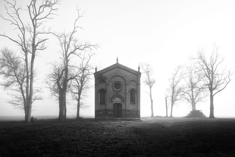 Eerie Foggy Church by Marco Bizziocchi — canvas wall art
