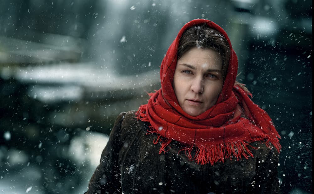 Winter Woman Red Scarf by Waldemar Szmidt — canvas wall art