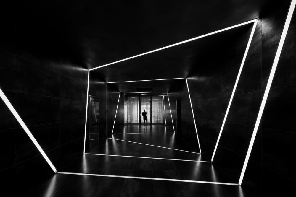 Dark Hallway Light Lines by Roswitha Schleicher-Schwarz — canvas wall art
