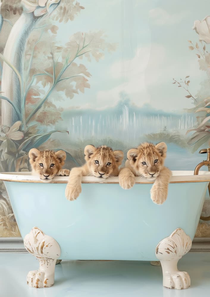 Lion Cubs Bathtub by Niky Rahner — canvas wall art