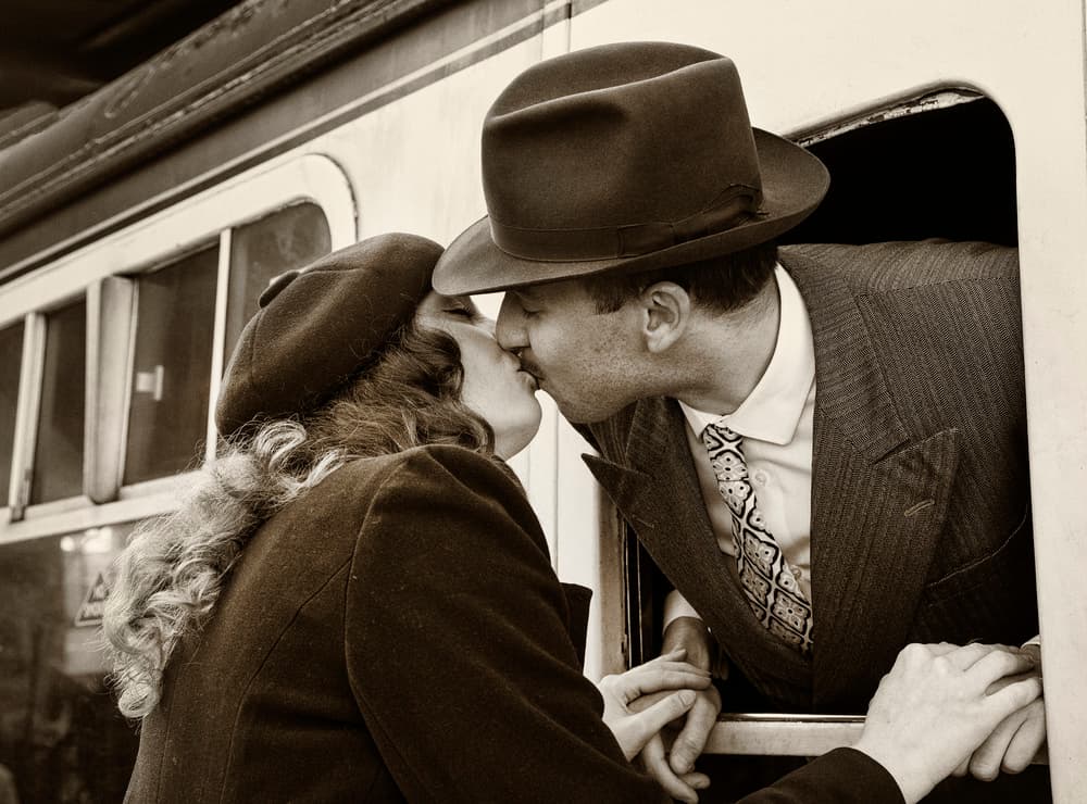 Romantic Train Kiss by Daniel Springgay — canvas wall art