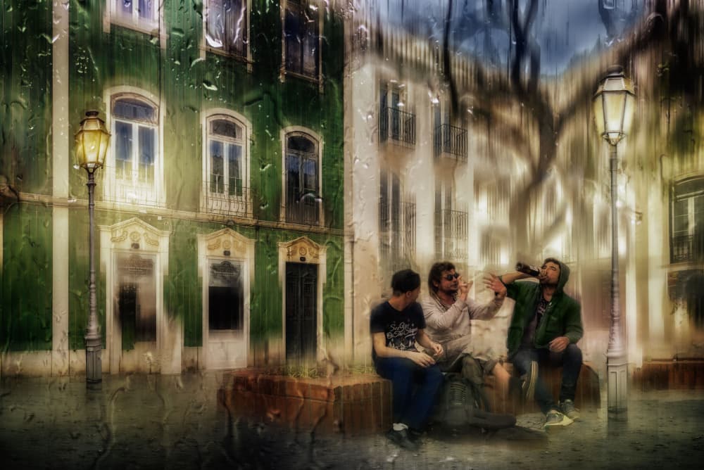 Rainy Street Talk by Charlaine Gerber — canvas wall art