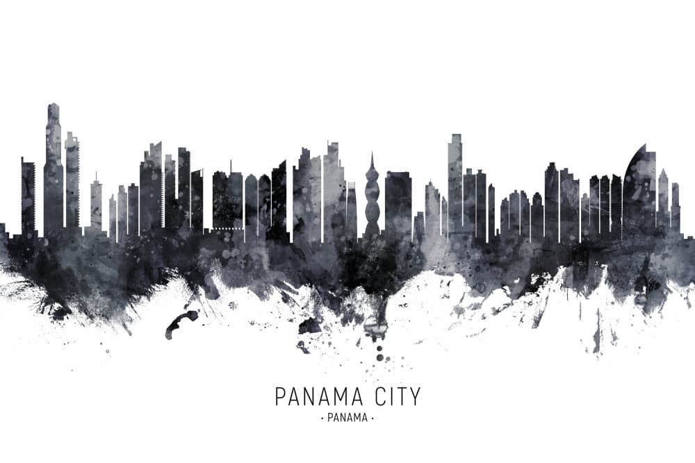 Panama City Skyline Watercolor by Michael Tompsett — canvas wall art