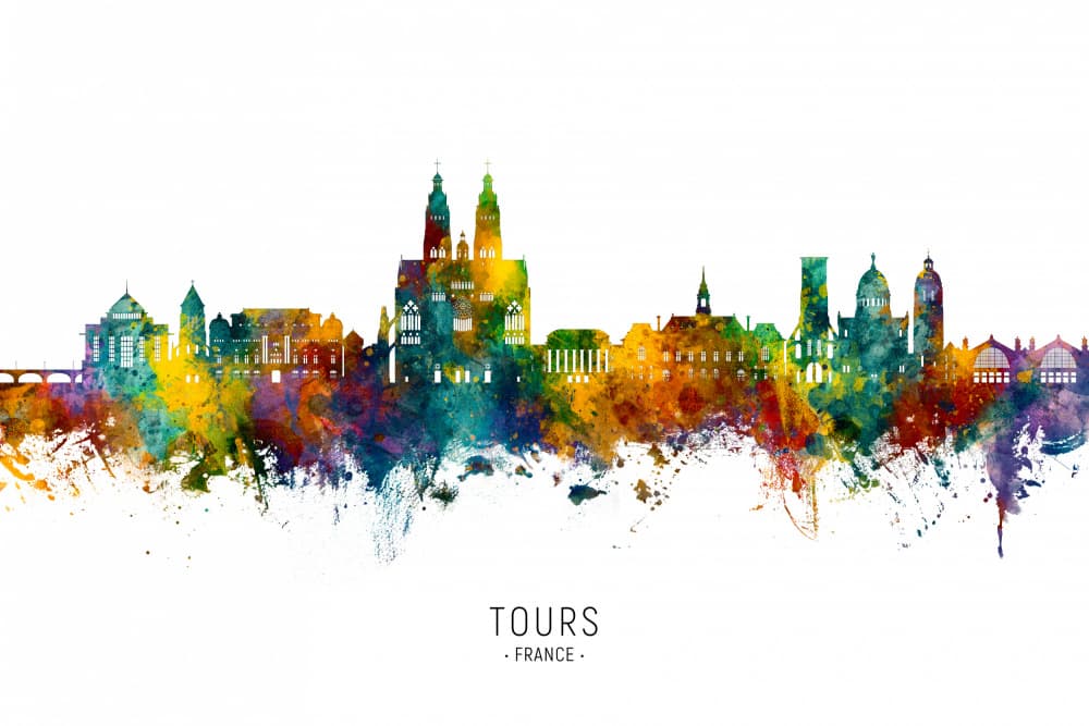 Tours France Watercolor Skyline by Michael Tompsett — canvas wall art