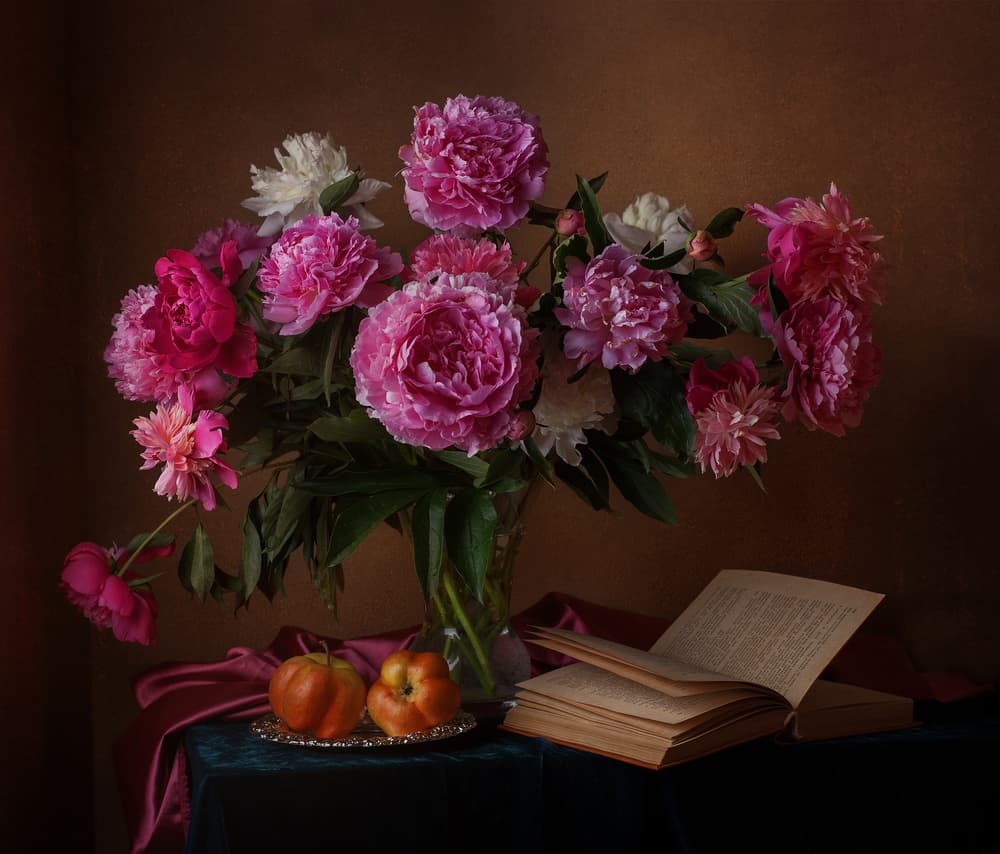 Peonies Books and Apples by Alina Lankina — canvas wall art