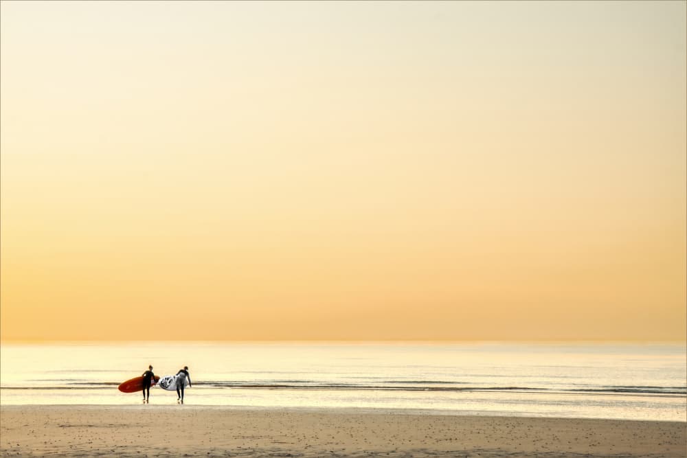 Surfing twins by Gilbert Claes — canvas wall art