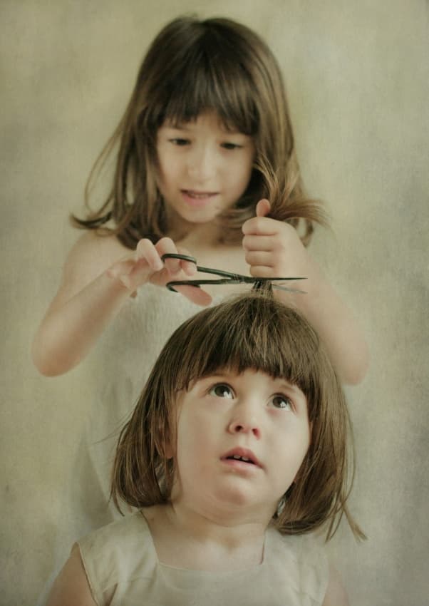 Playful Sister Haircut by Svetlana Bekyarova — canvas wall art