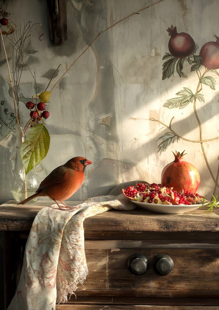 Rustic Bird and Pomegranates by Niky Rahner — canvas wall art