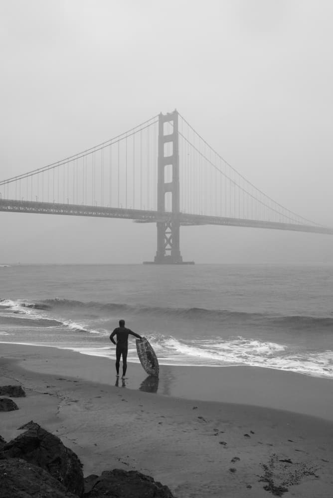 Misty Golden Gate Surfer by Barbara Nussel — canvas wall art