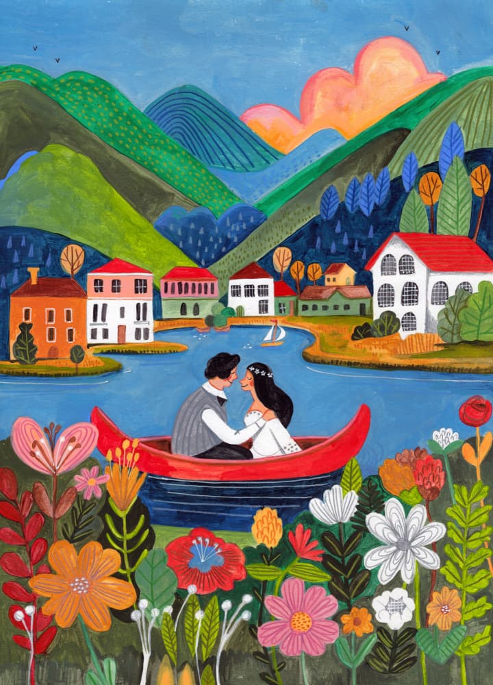 Just Married Couple in a boat by Caroline Bonne Müller — canvas wall art