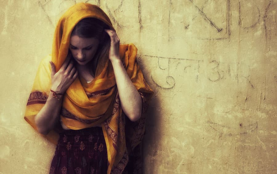 Indian Woman Yellow Shawl by kenp — canvas wall art