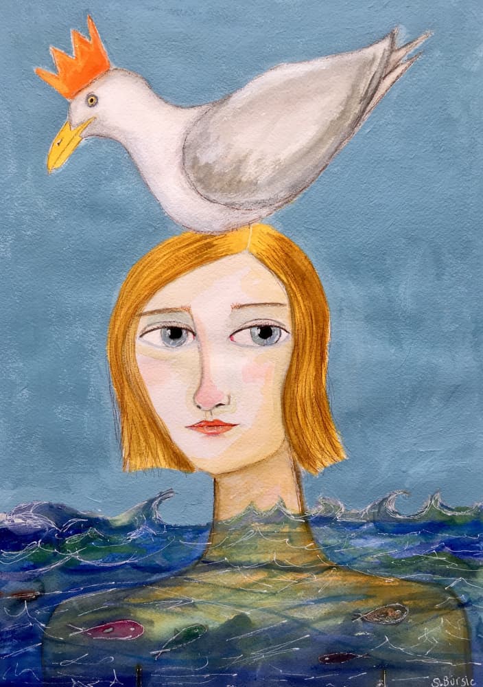 Woman with Crowned Seagull by Sharyn Bursic — canvas wall art