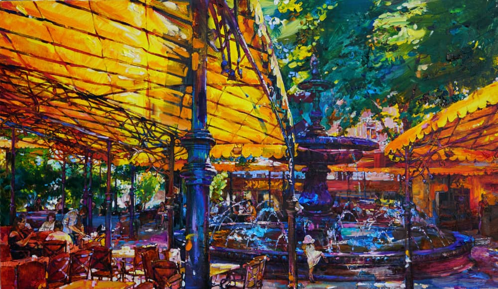 Vibrant Cafe Fountain by Andrii Kutsachenko — canvas wall art