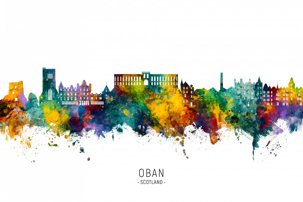 Oban Scotland Watercolor Skyline by Michael Tompsett — canvas wall art