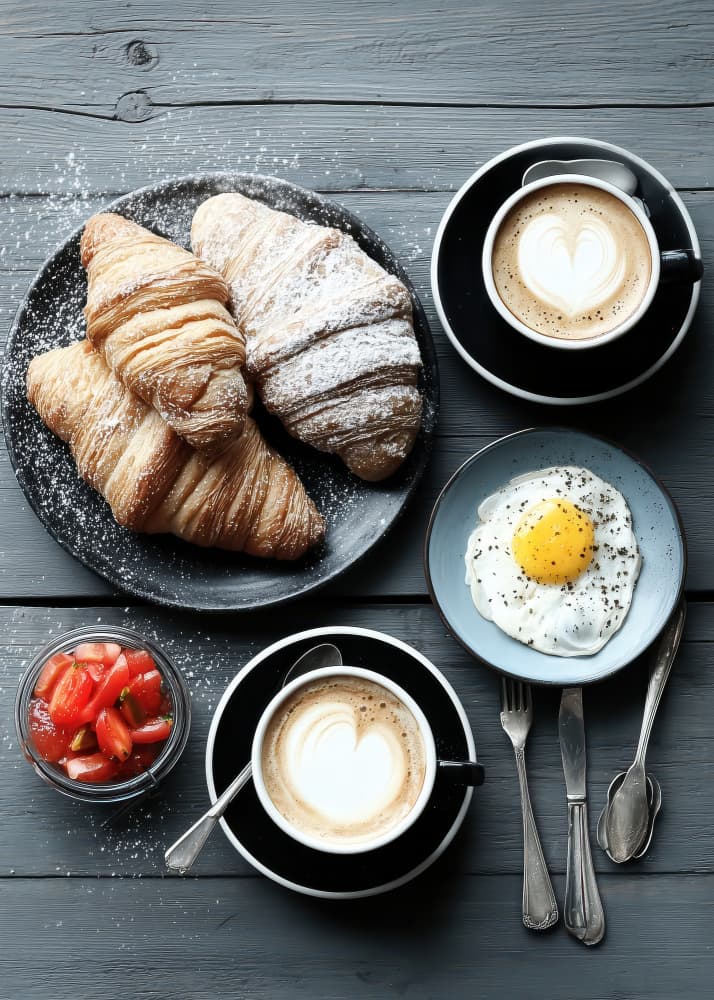 Morning Coffee Croissants by Justyna Jaszke — canvas wall art
