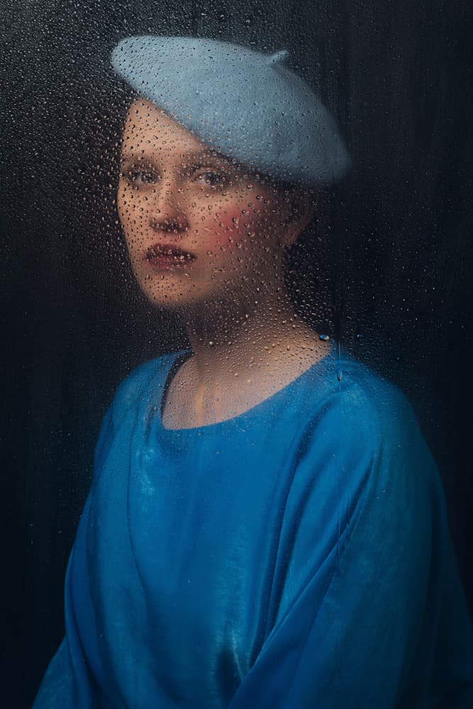 Pensive Woman Blue Beret by Mihai Teslariu — canvas wall art
