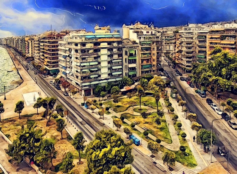 Vibrant Coastal Cityscape by Justyna Jaszke — canvas wall art
