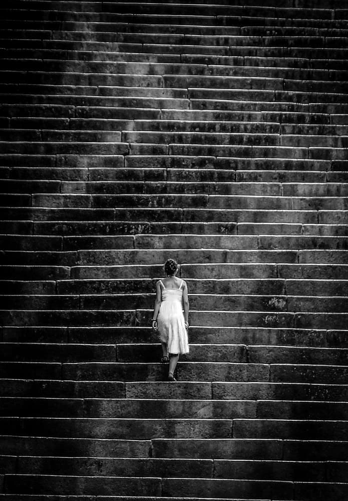 Lone Woman Ascending Steps by Haruyo Sakamoto — canvas wall art